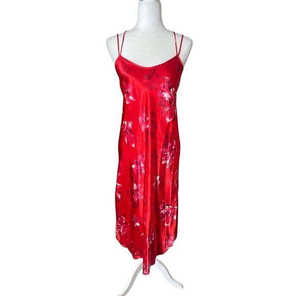 Vintage 90s California Dynasty Satin Maxi Slip & Robe Set – Red Floral – Size M - Picture 1 of 7